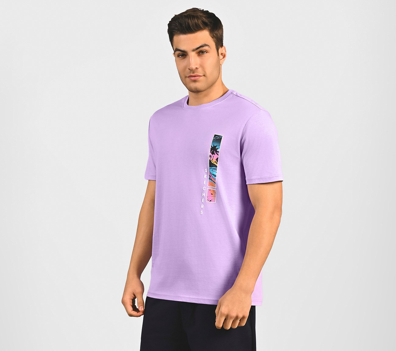 TROPICAL GRAPHIC PRINT T-SHIRT, LT. GRAY/PURPLE Apparel Top View