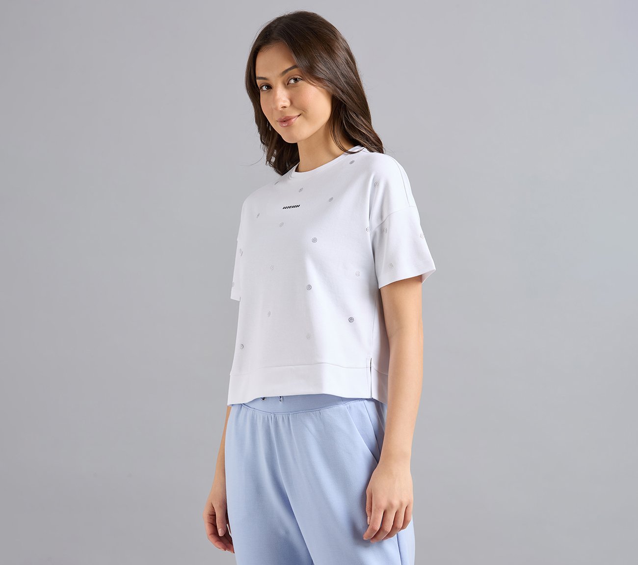 ALL OVER RHINESTONE T-SHIRT, WHITE Apparels Top View