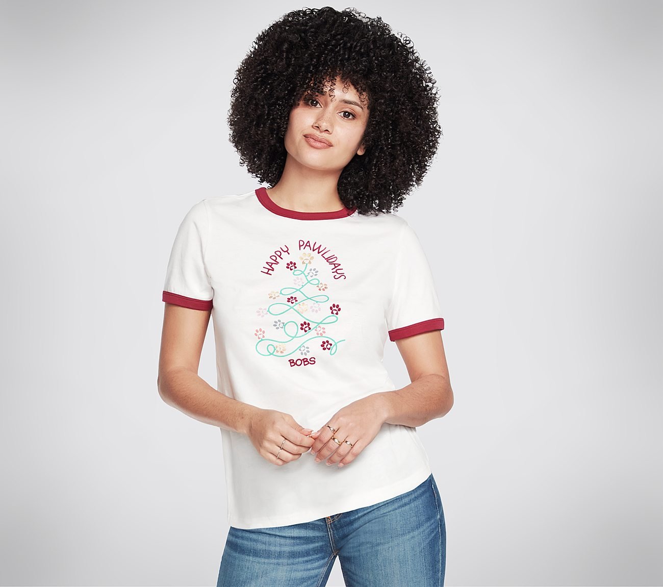 HAPPY PAWLIDAY RINGER T-SHIRT, OOFF WHITE