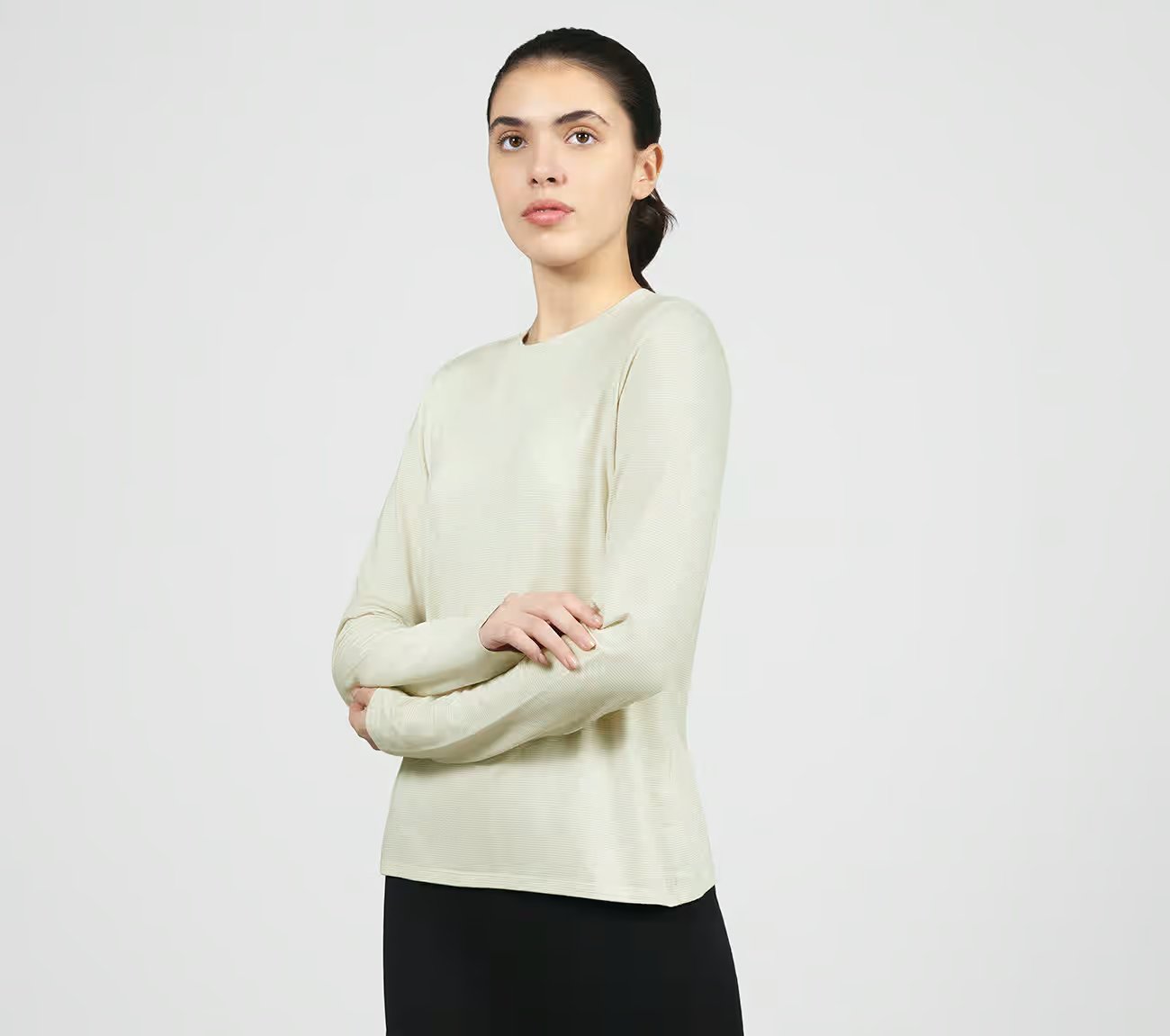 SHIMMER STRIPE LONG SLEEVE, OFF WHITE Apparels Top View