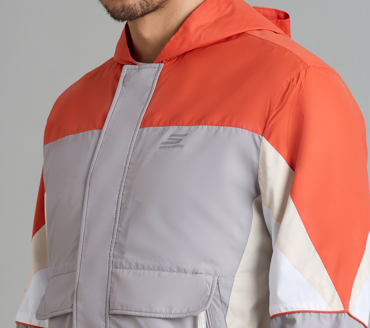 COLORED PANEL HOODED WINDBREAKER, CHARCOAL/LT. GRAY