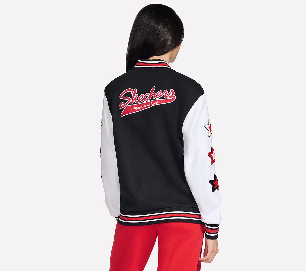 SKECHERS CLASSIC VARSITY JACKET, BLACK Apparels Top View