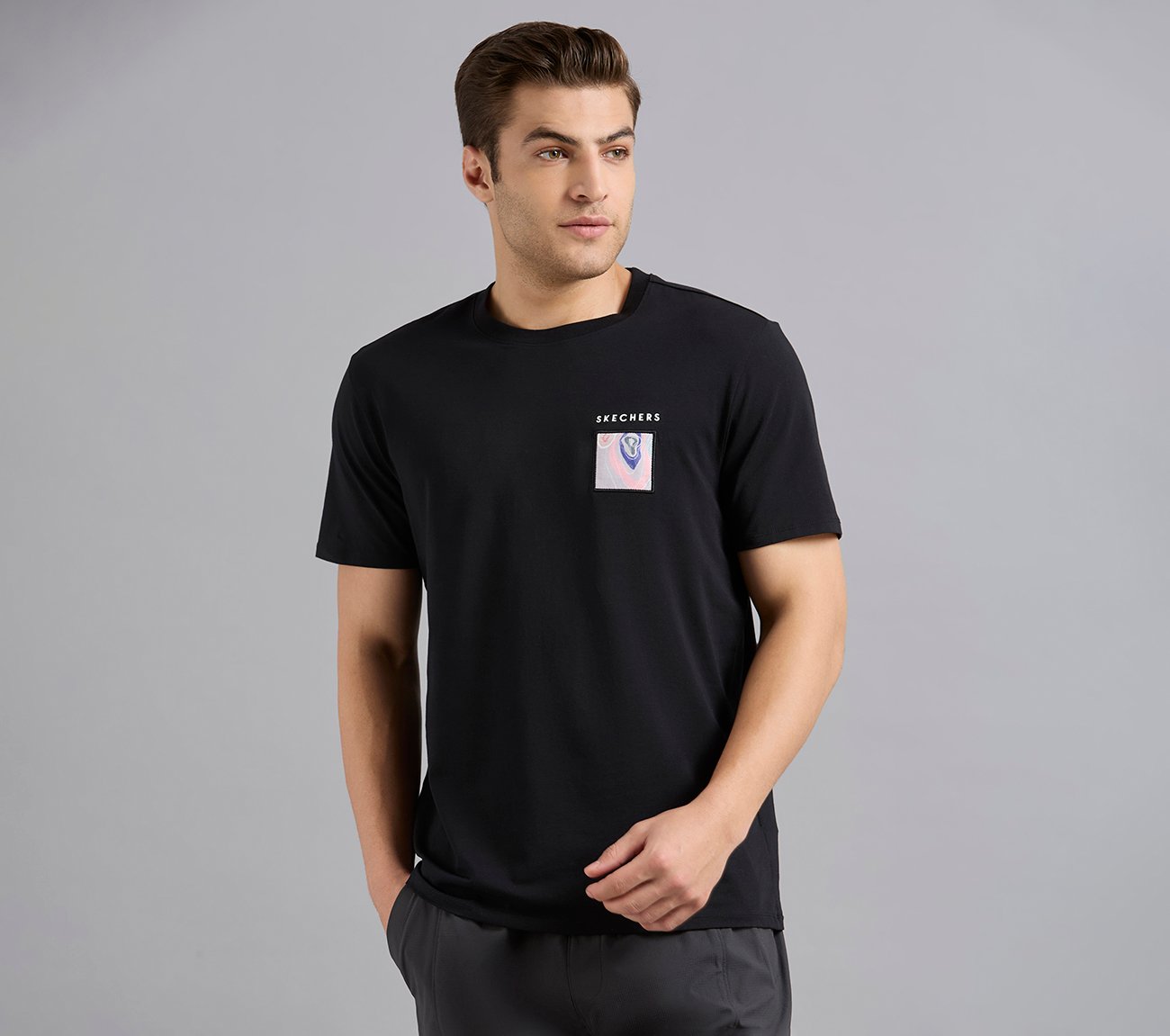 APPLIQUE PRINT T-SHIRT, BLACK Apparel Lateral View