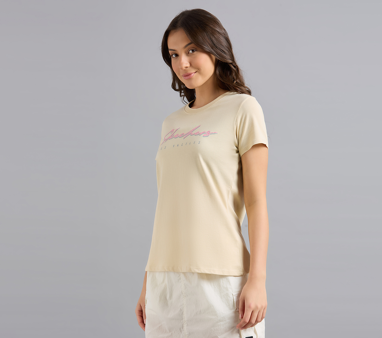 SKECHERS HAND PAINTED TEE, NATURAL/BLUE Apparel Top View