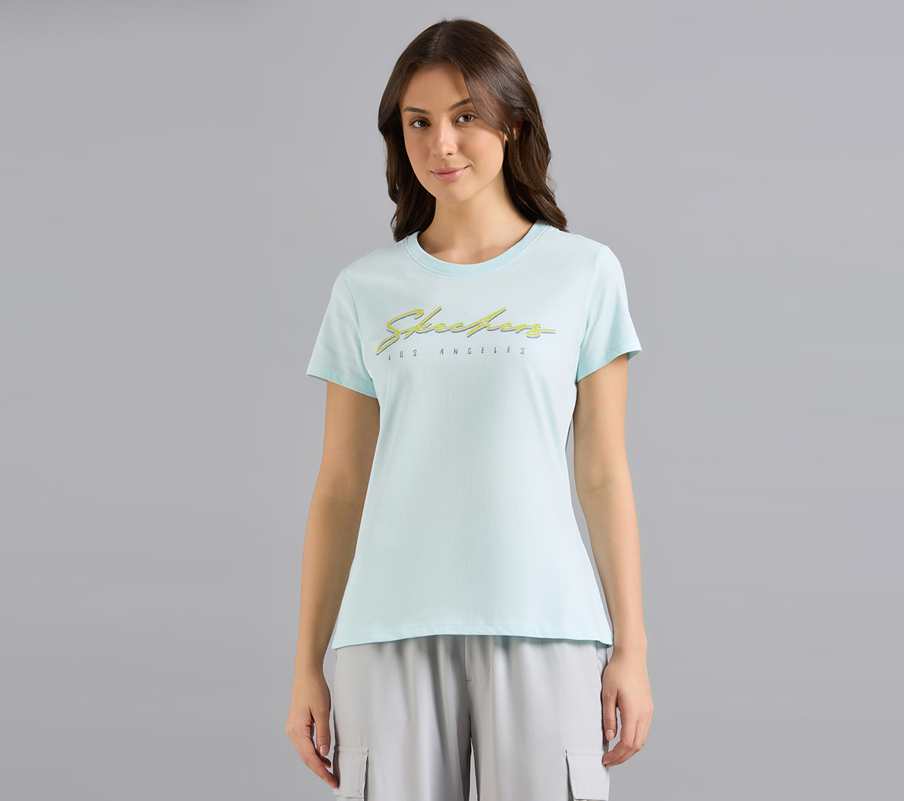 SKECHERS HAND PAINTED TEE, GRAY/AQUA/PINK Apparel Lateral View