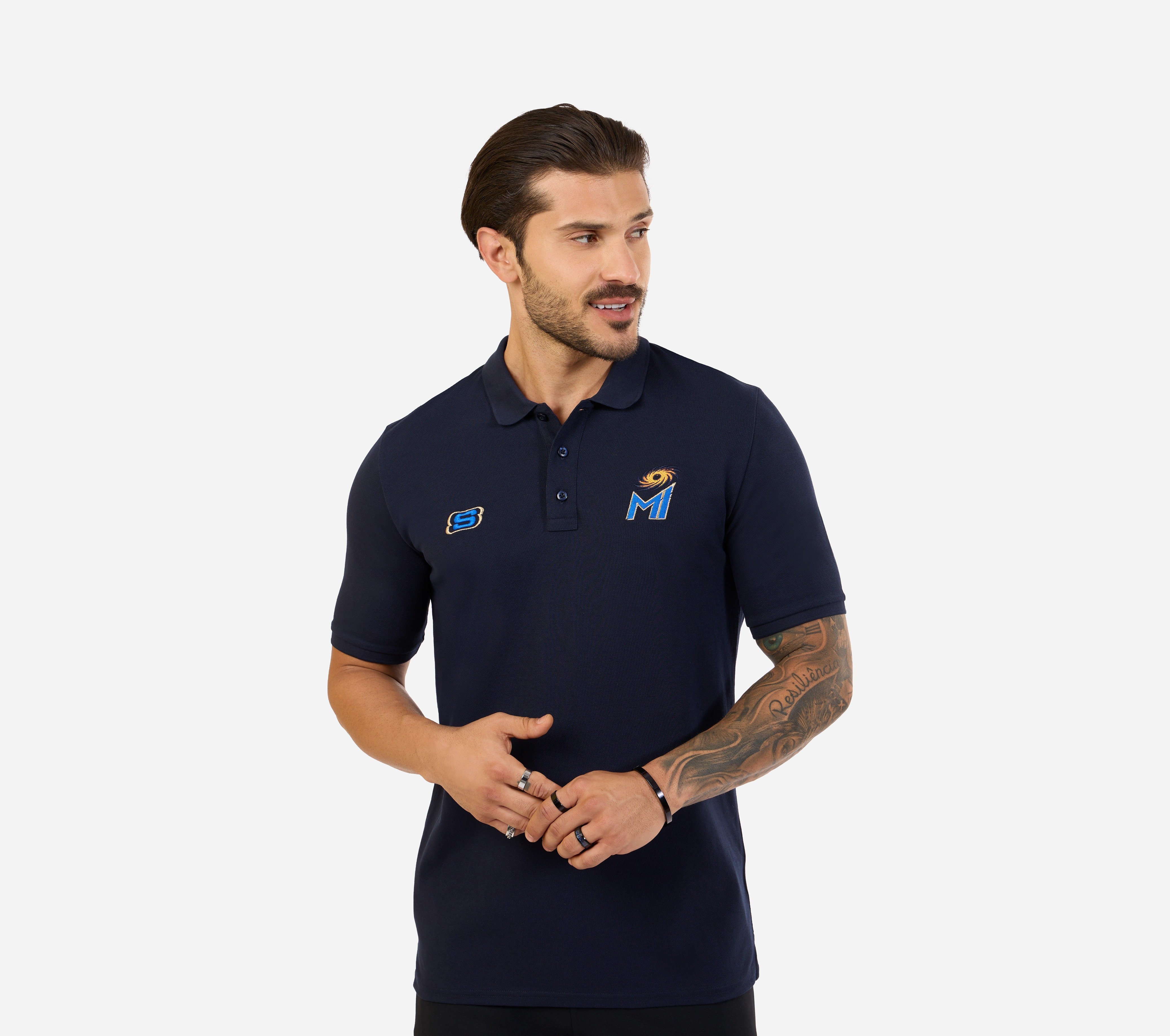 MI FAN LOGO POLO, Navy Blue Apparel Lateral View