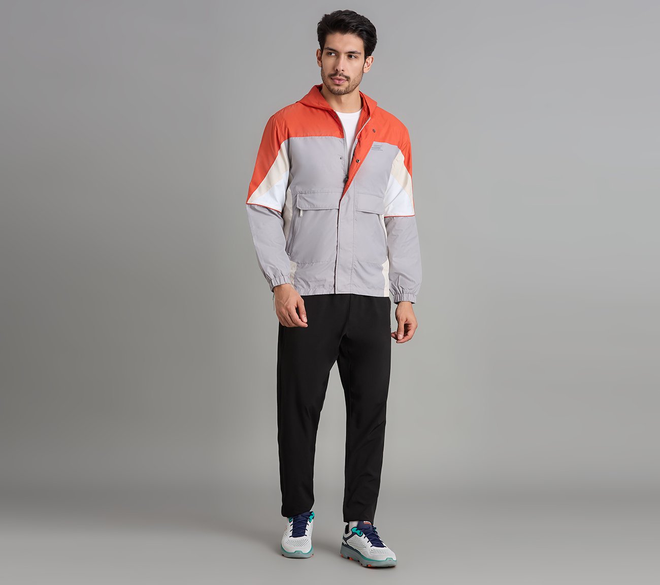 COLORED PANEL HOODED WINDBREAKER, CHARCOAL/LT. GRAY