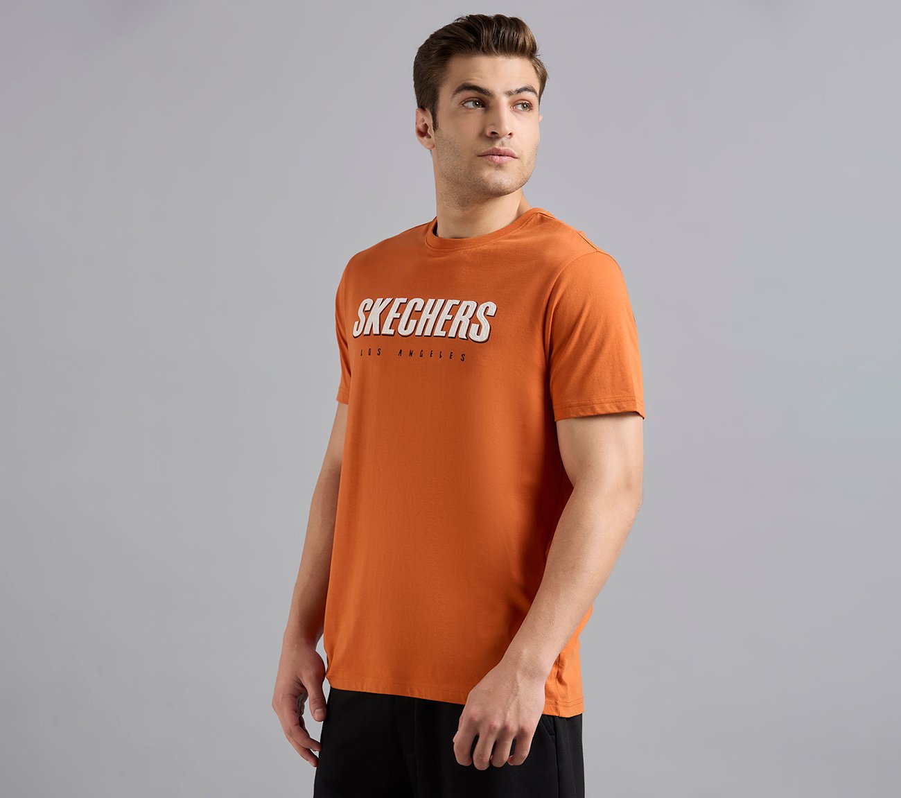 SKECHERS HAND PAINTED TEE, CHARCOAL/ORANGE Apparel Top View