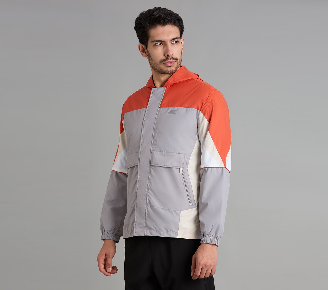 COLORED PANEL HOODED WINDBREAKER, CHARCOAL/LT. GRAY