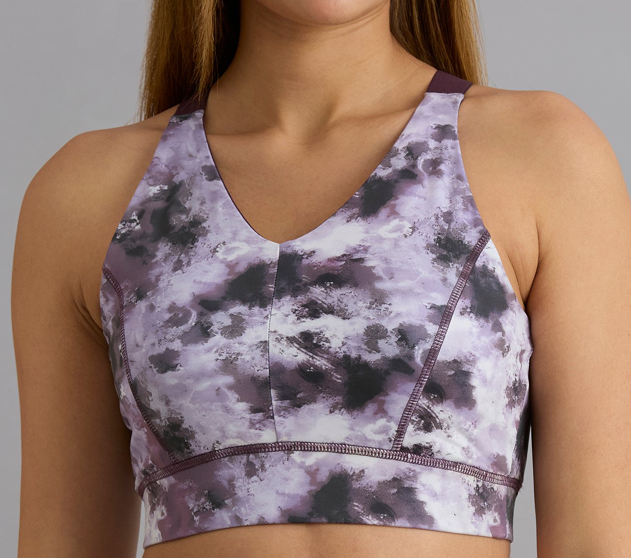 HIGH IMPACT AOP SPORTS BRA, WHITE/TURQ/PURPLE