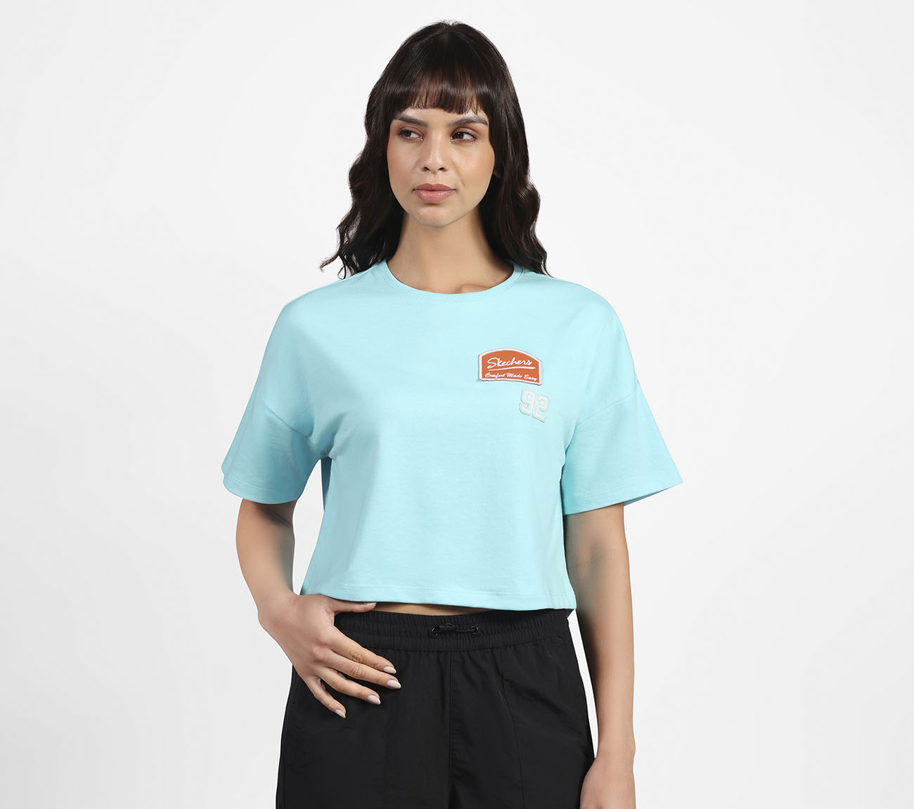 DROP SHOULDER BADGE T-SHIRT, SILVER/PURPLE/TURQUOISE Apparel Lateral View