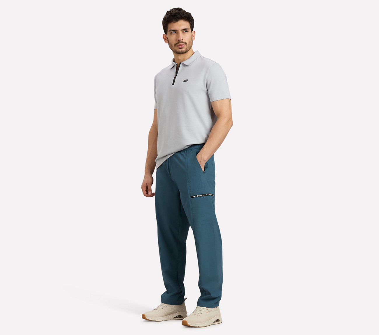 TAPE BRANDING PANEL GOLF PANTS, TAUPE/BLUE
