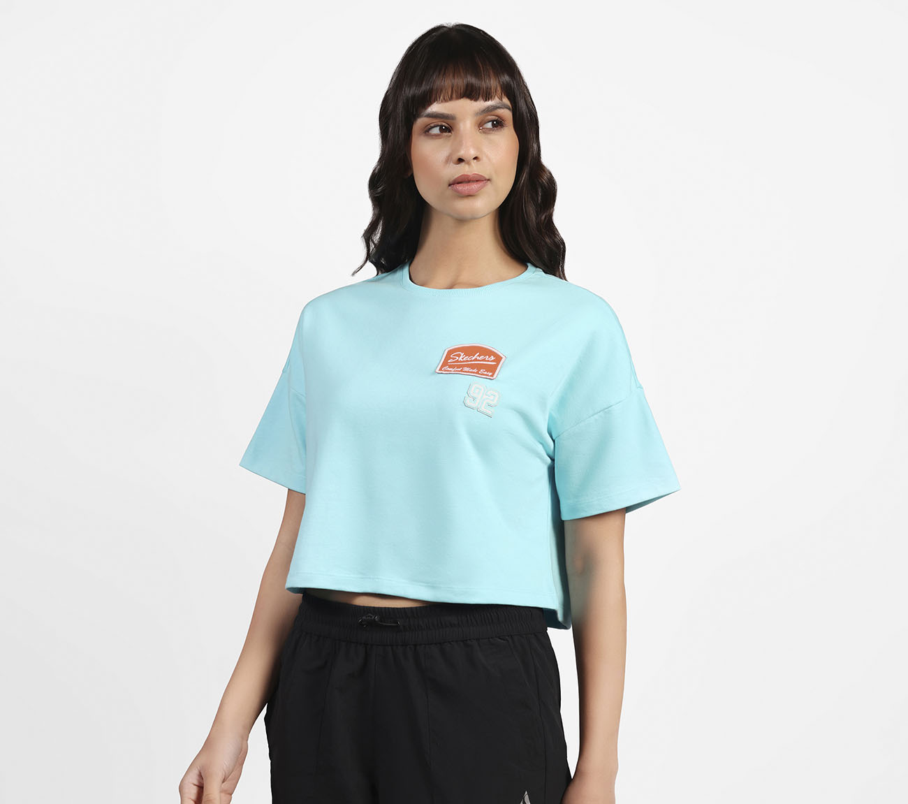 DROP SHOULDER BADGE T-SHIRT, SILVER/PURPLE/TURQUOISE Apparel Top View