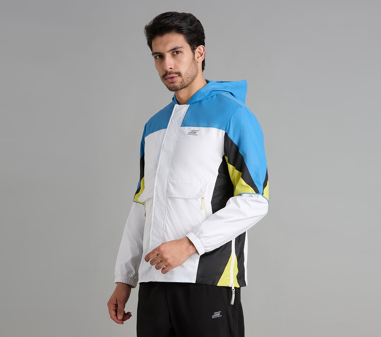 COLORED PANEL HOODED WINDBREAKER, WHITE