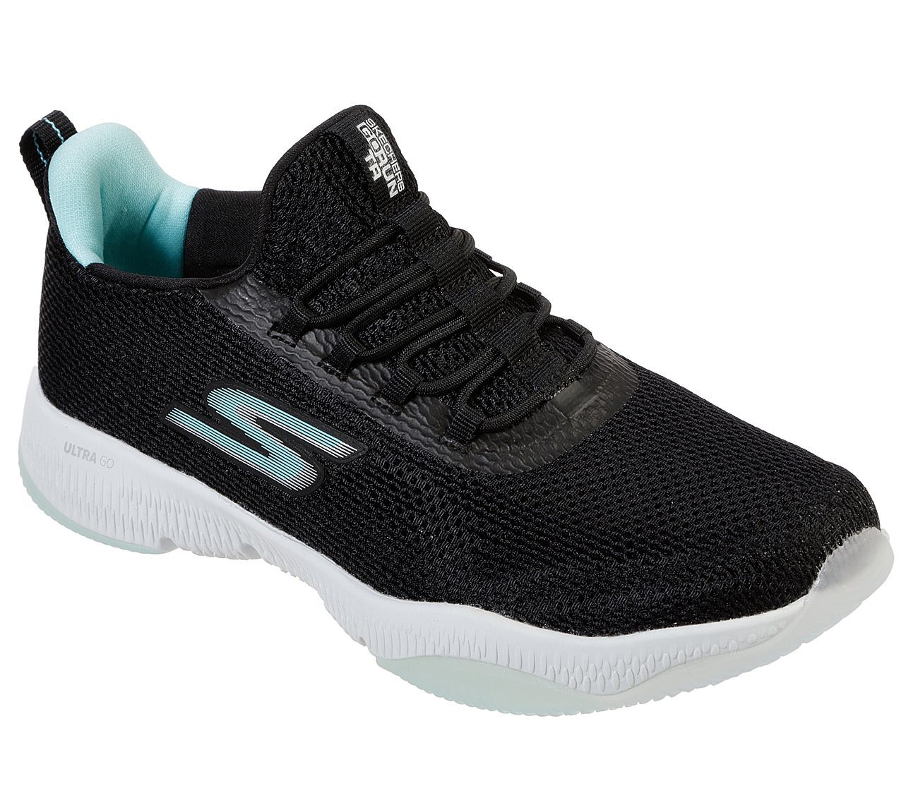 GO RUN TR- RETAIN, BLACK/AQUA Footwear Lateral View