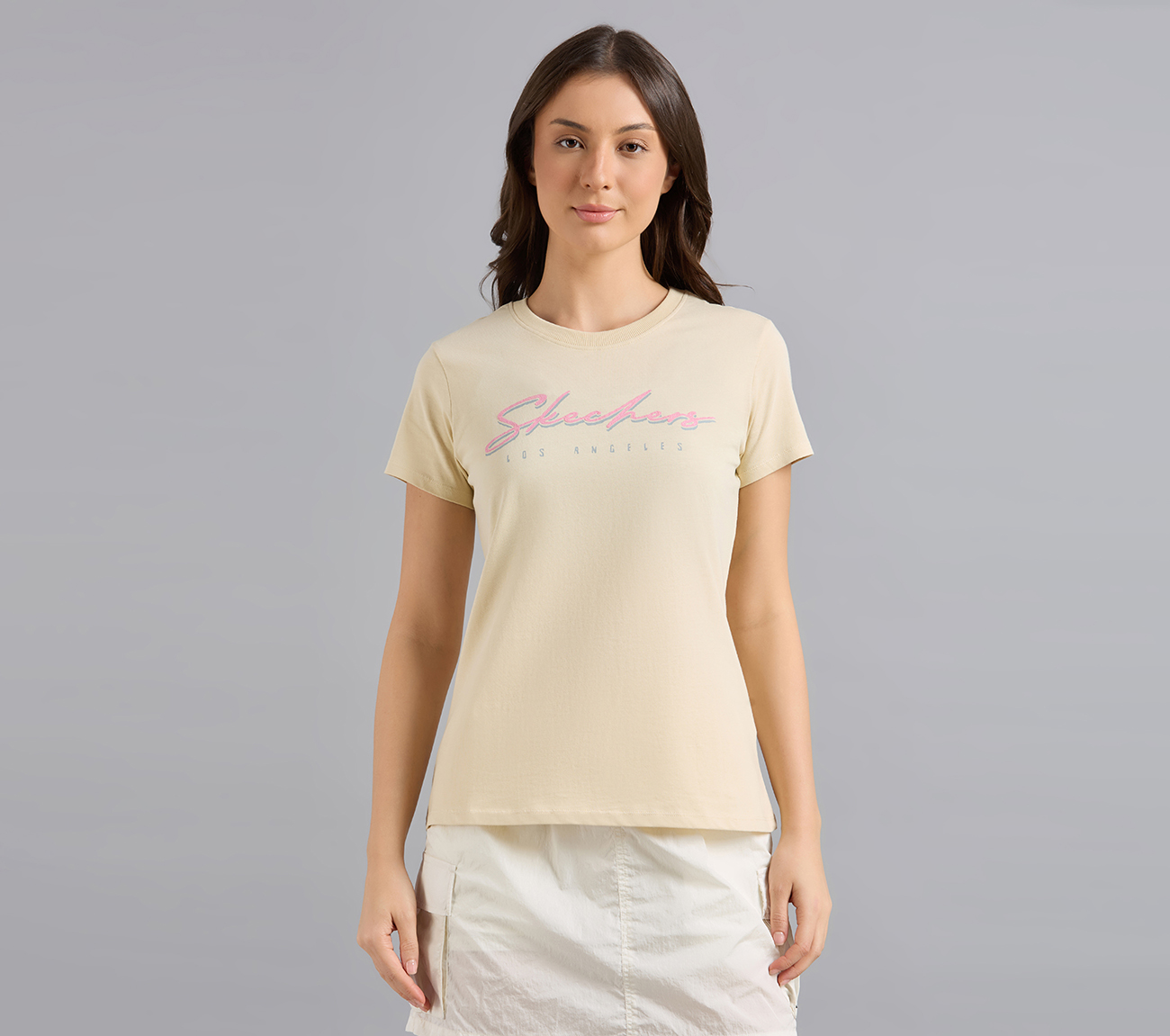 SKECHERS HAND PAINTED TEE, NATURAL/BLUE Apparel Lateral View