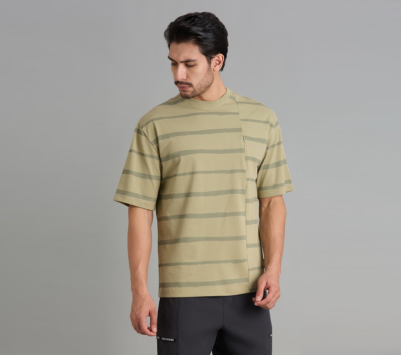 MISMATCH STRIPE PANEL TEE, TAUPE/SILVER
