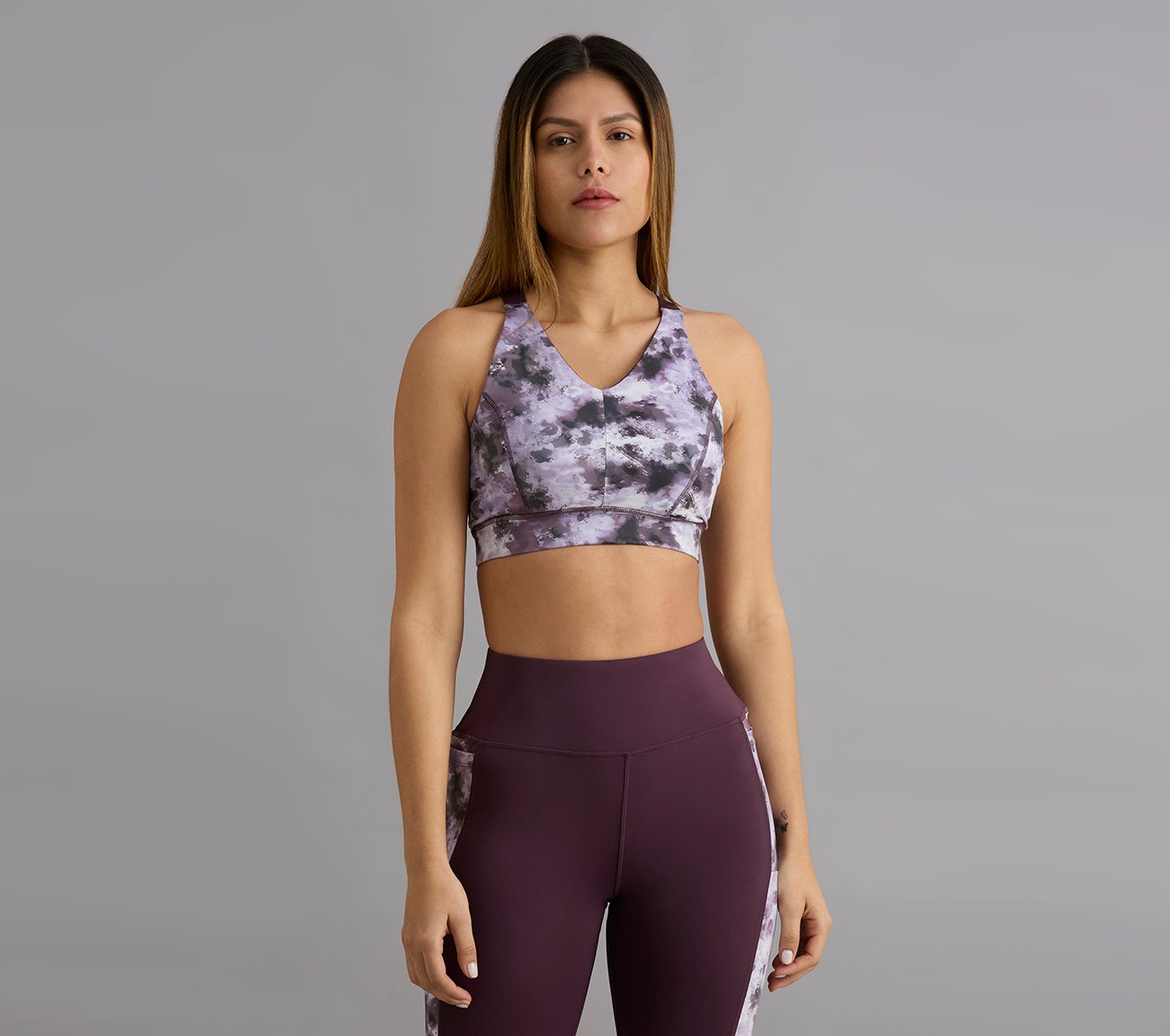 HIGH IMPACT AOP SPORTS BRA, WHITE/TURQ/PURPLE