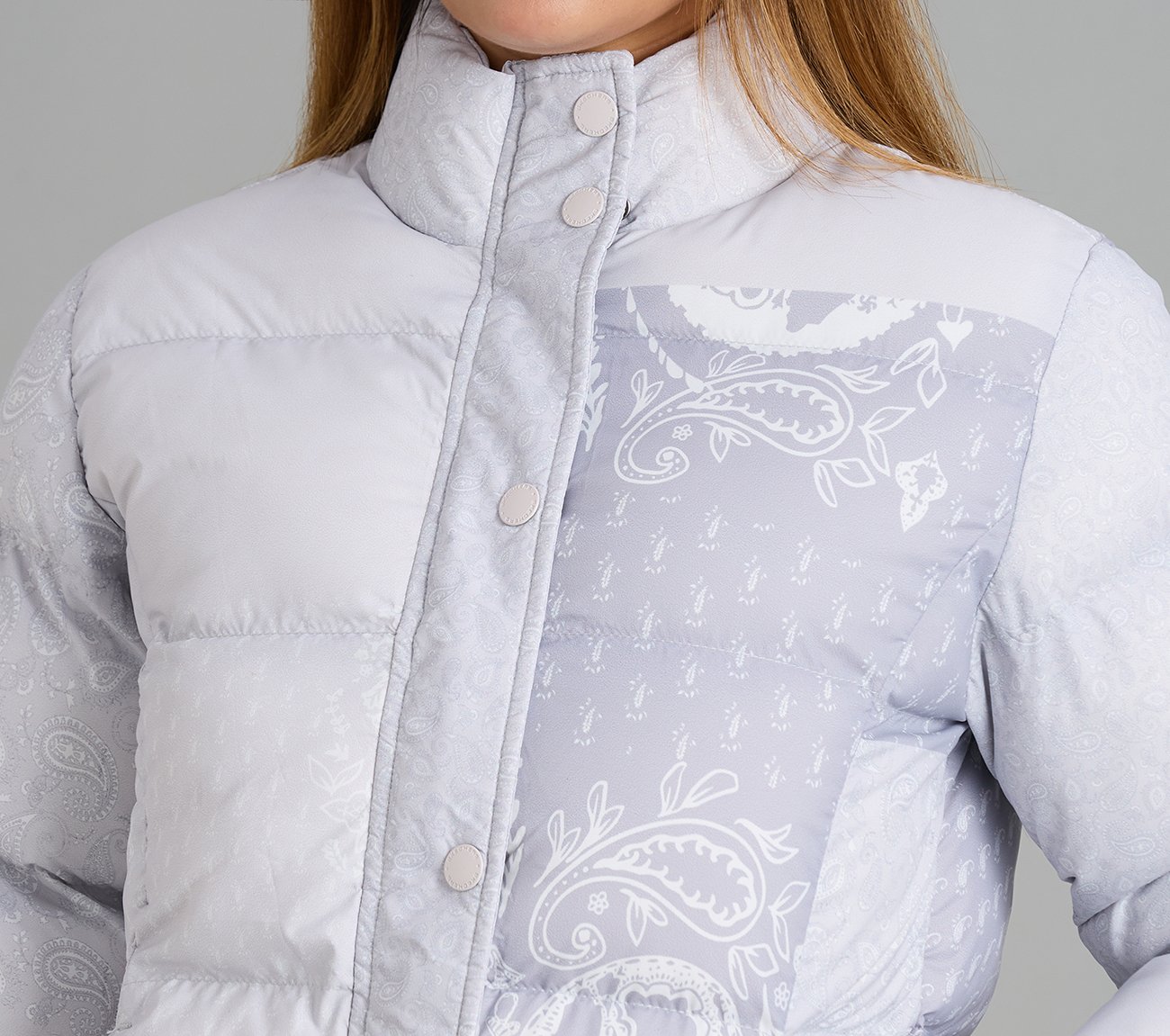 PAISLEY PRINT PUFFER JACKET, GRAY/WHITE/ORANGE