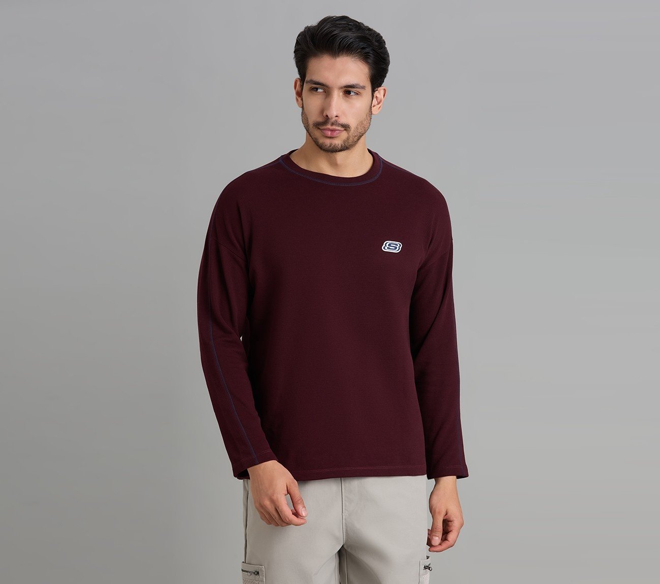 OVERSIZED CONTRAST FLATLOCK TEE, BURGUNDY/PINK