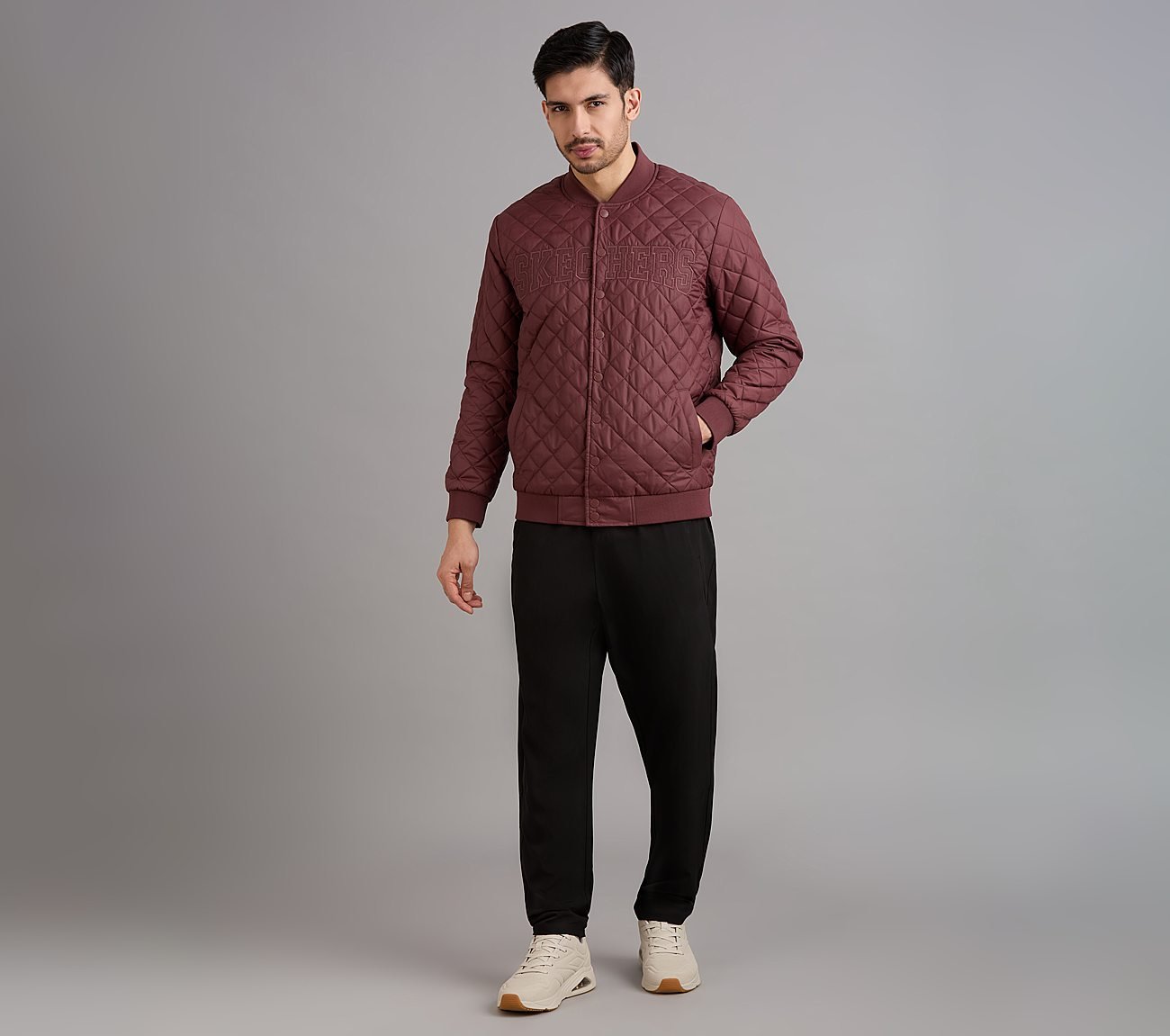 SKECHERS APPLIQUE PUFFER JACK, BURGUNDY/PINK