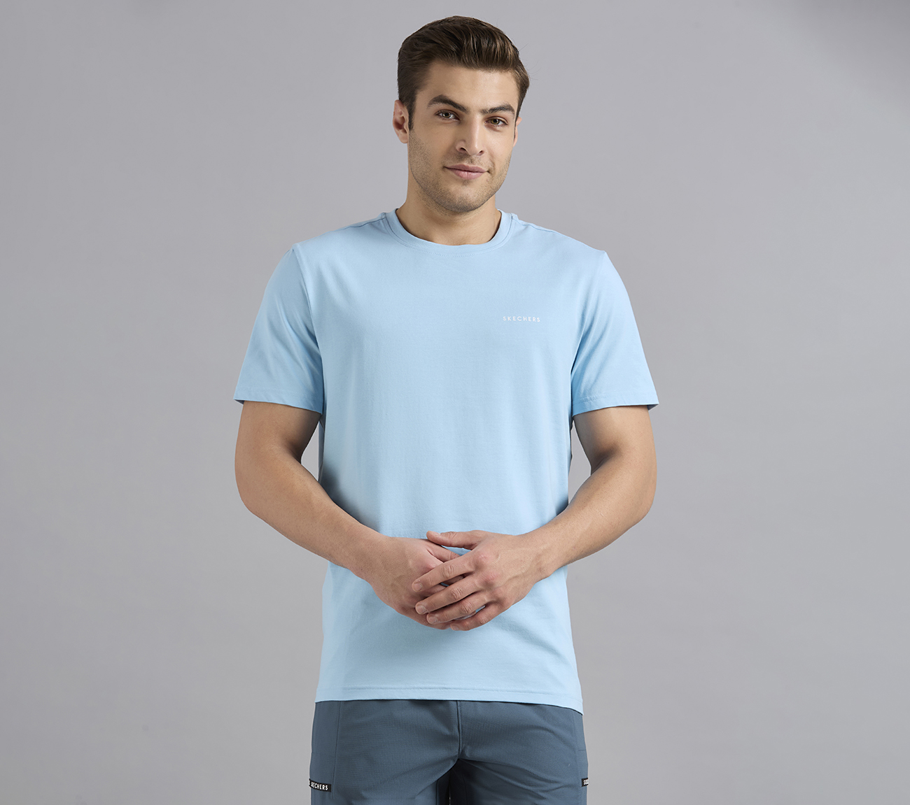 ESSENTIAL BRANDING T SHIRT, GRAY/AQUA/PINK Apparel Lateral View