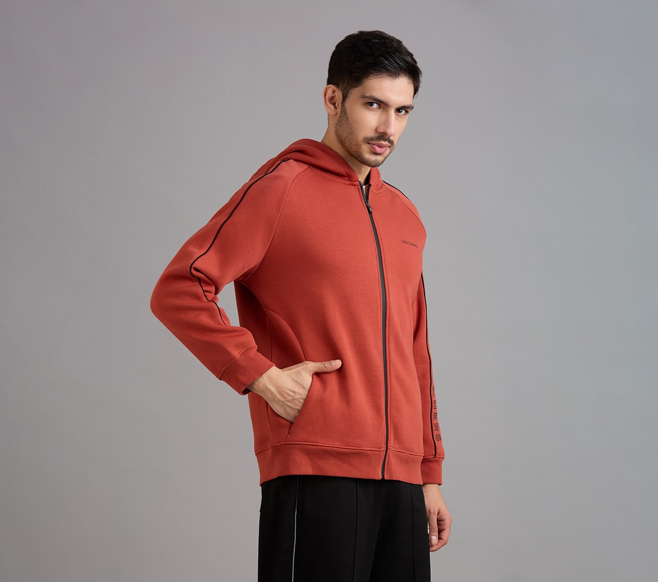 SKECHERS CORDED PANEL HOODIE, CHARCOAL/ORANGE Apparels Bottom View