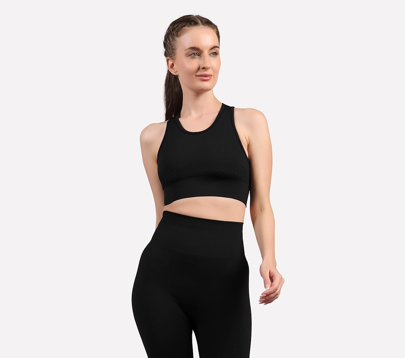 RIB PANELLED SPORTS BRA, BLACK Apparel Top View