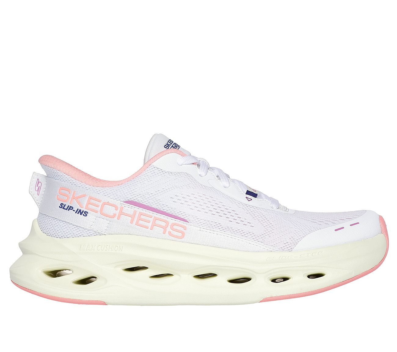 MAX CUSHIONING GLIDE-STEP, WHITE/PINK Footwear Lateral View