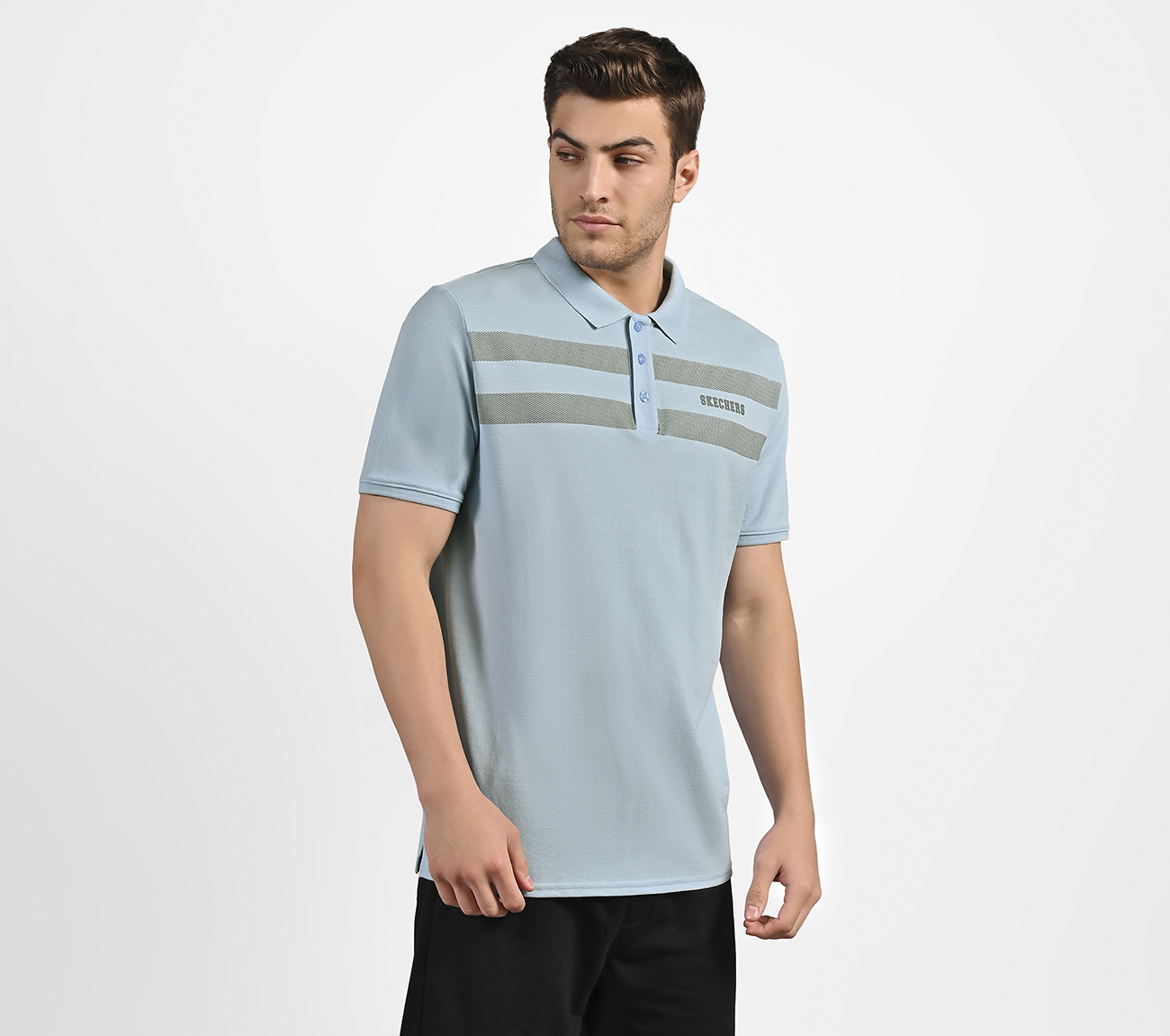 BRANDED DOUBLE PLACKET POLO, CHARCOAL/LT. BLUE Apparel Bottom View