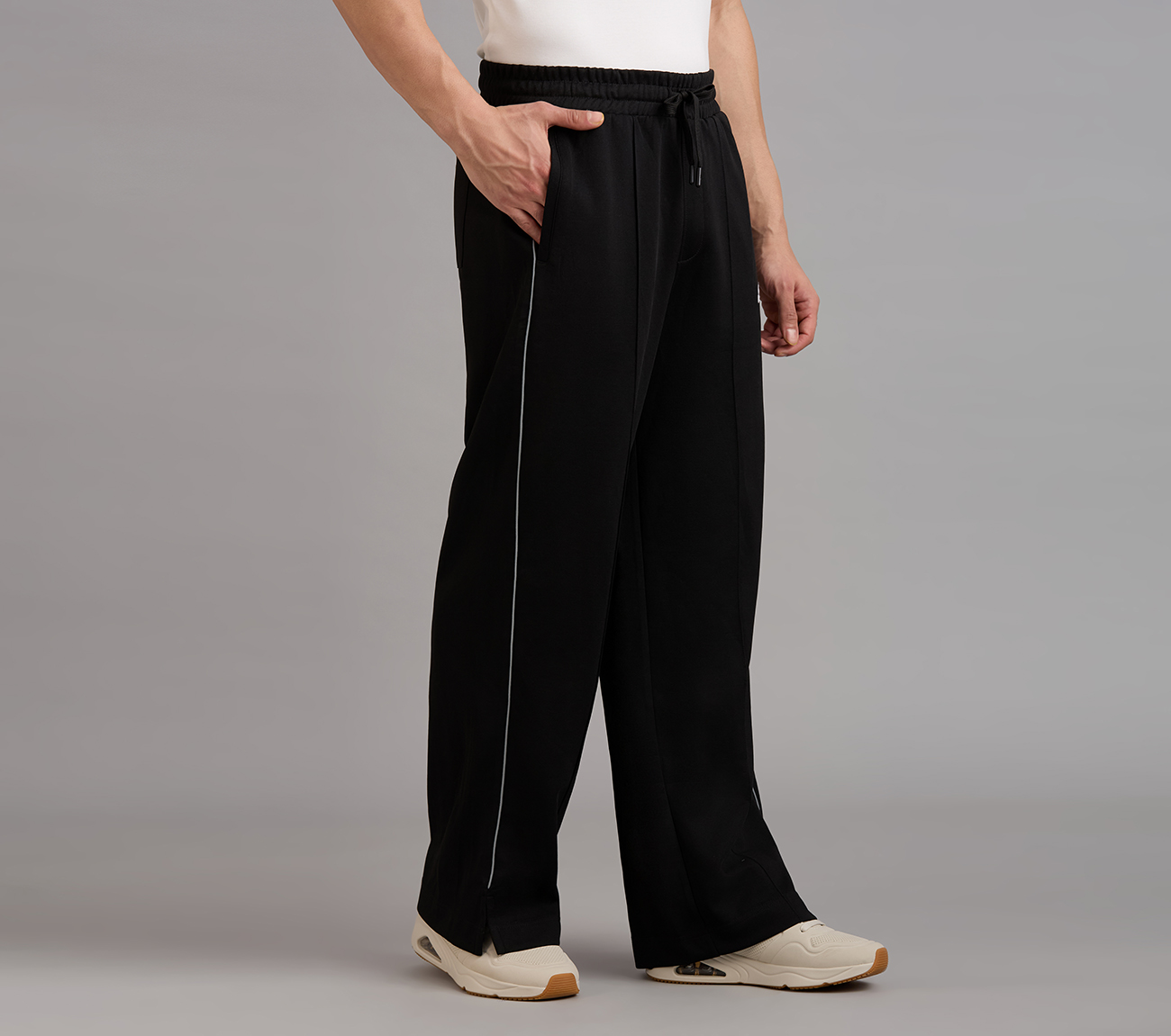 STRAIGHT SIDE SLIT PANTS, BLACK Apparel Bottom View