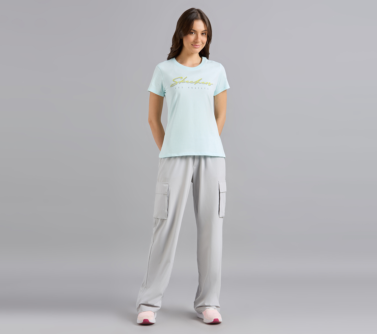 SKECHERS HAND PAINTED TEE, GRAY/AQUA/PINK Apparel Right View