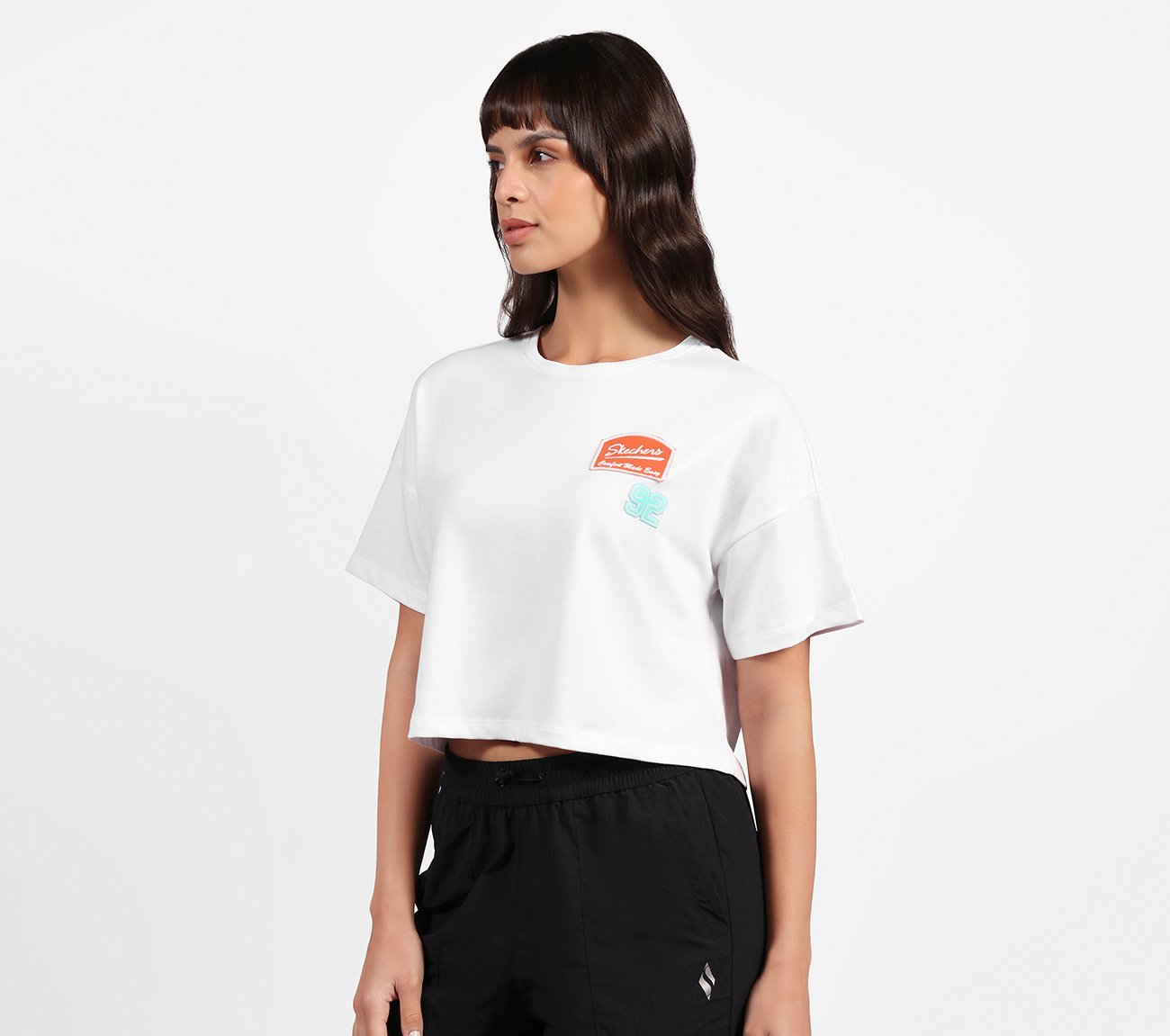 DROP SHOULDER BADGE T-SHIRT, WHITE Apparels Top View