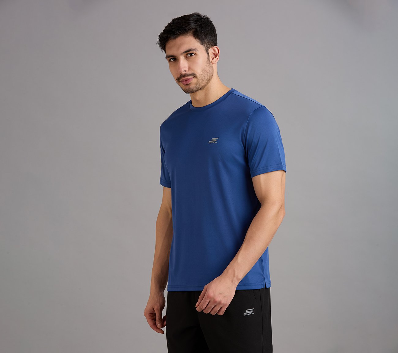 SS PERFORMANCE T-SHIRT, GUNMETAL/BLUE Apparel Top View