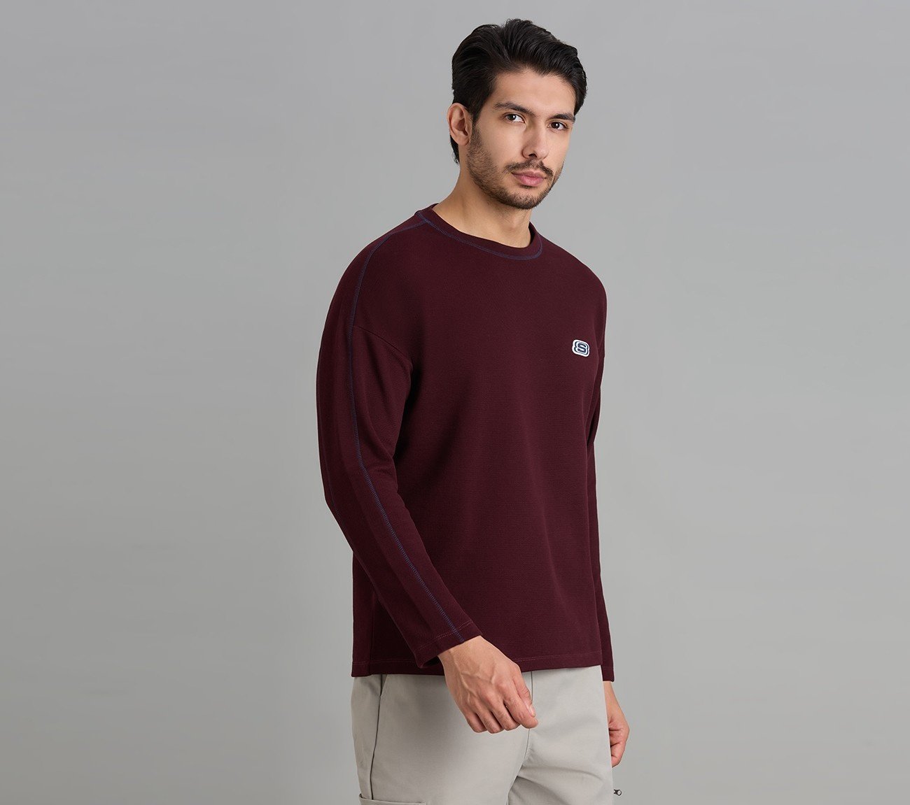 OVERSIZED CONTRAST FLATLOCK TEE, BURGUNDY/PINK