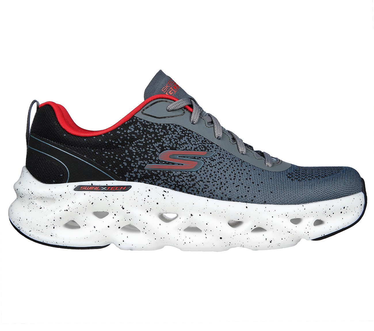 GO RUN SWIRL TECH - MOTION, GREY/RED Footwear Lateral View