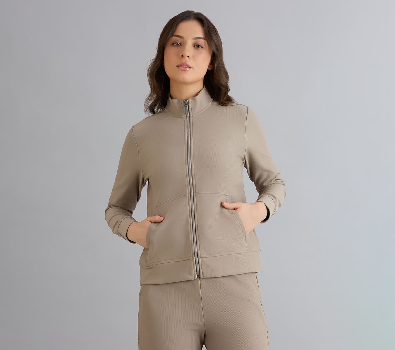 GOLUXE RIB FZ JACKET, TAUPE/BROWN