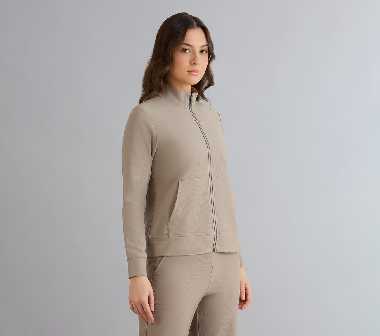 GOLUXE RIB FZ JACKET, TAUPE/BROWN