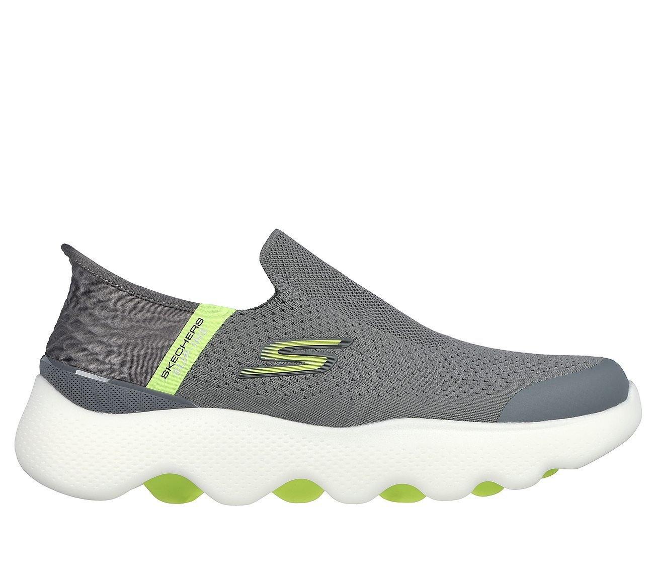 Skechers Slip-ins: GO WALK Massage Fit - Current, GRAY/LIME Footwear Lateral View