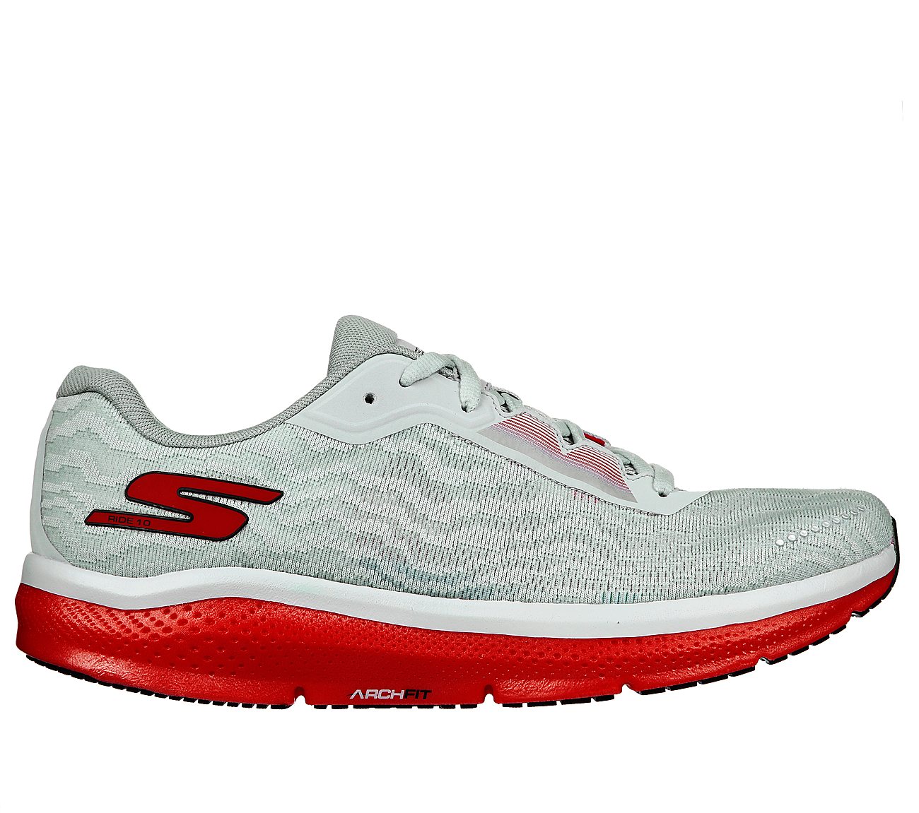 GO RUN RIDE 10, GREY/RED Footwear Lateral View