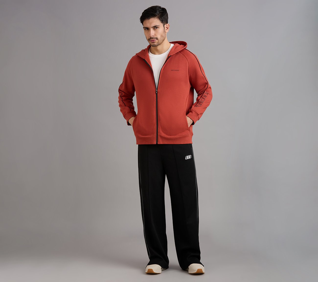 SKECHERS CORDED PANEL HOODIE, CHARCOAL/ORANGE Apparel Right View