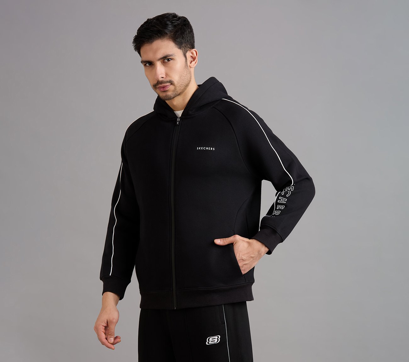 SKECHERS CORDED PANEL HOODIE, BLACK Apparels Top View