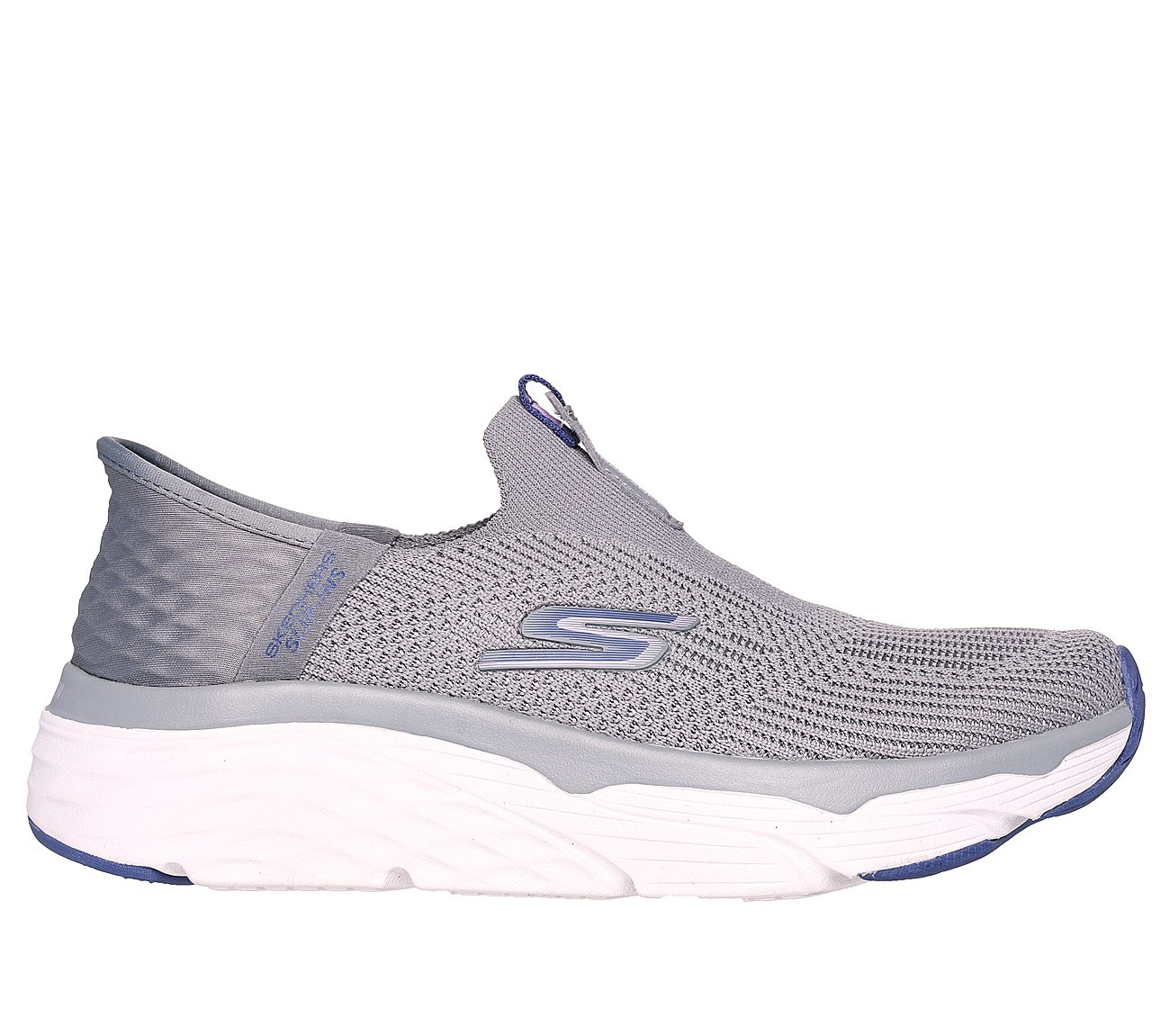 SKECHERS SLIP-INS: MAX CUSHIONING - SMOOTH, CHARCOAL/BLUE Footwear Lateral View