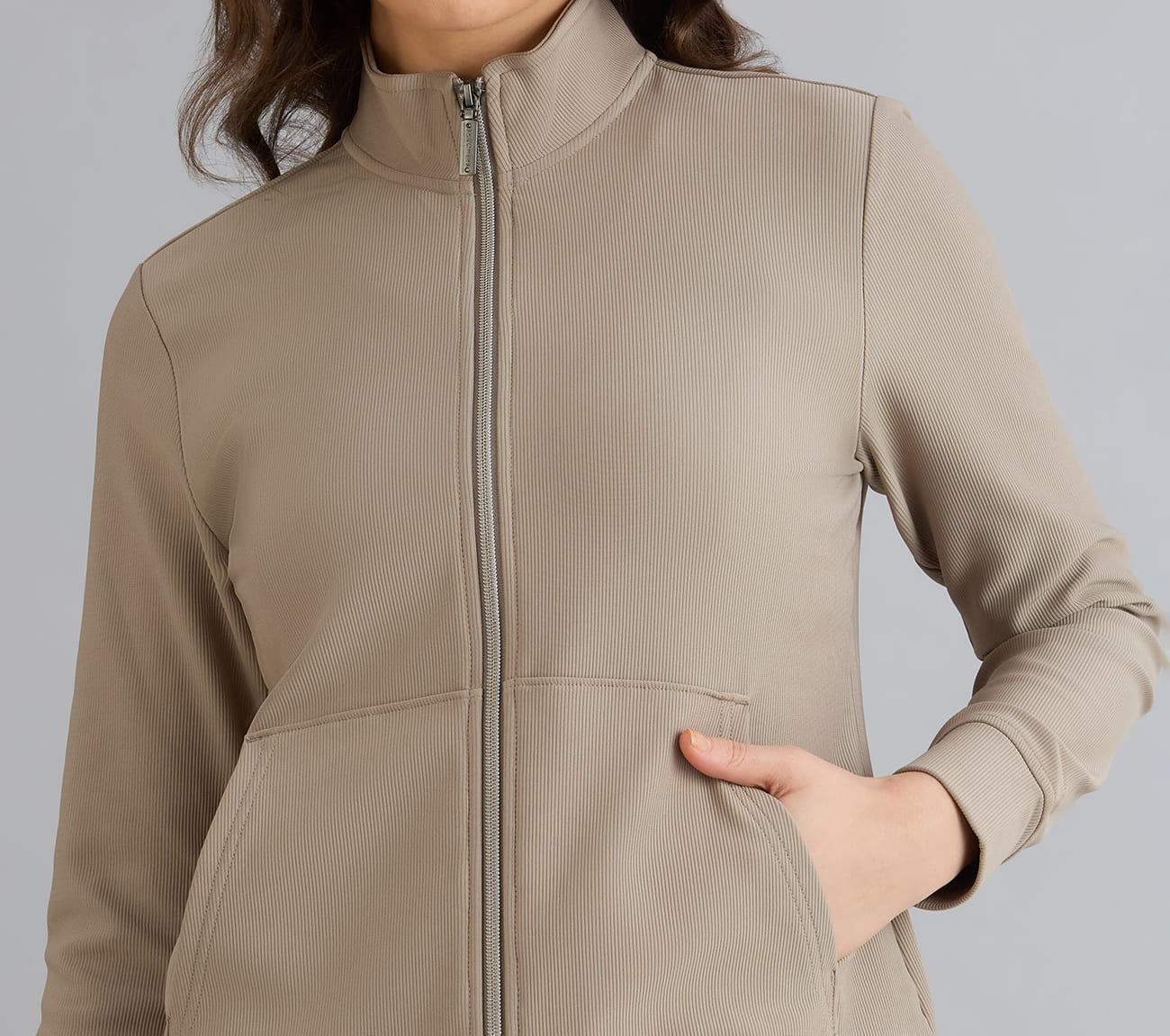 GOLUXE RIB FZ JACKET, TAUPE/BROWN