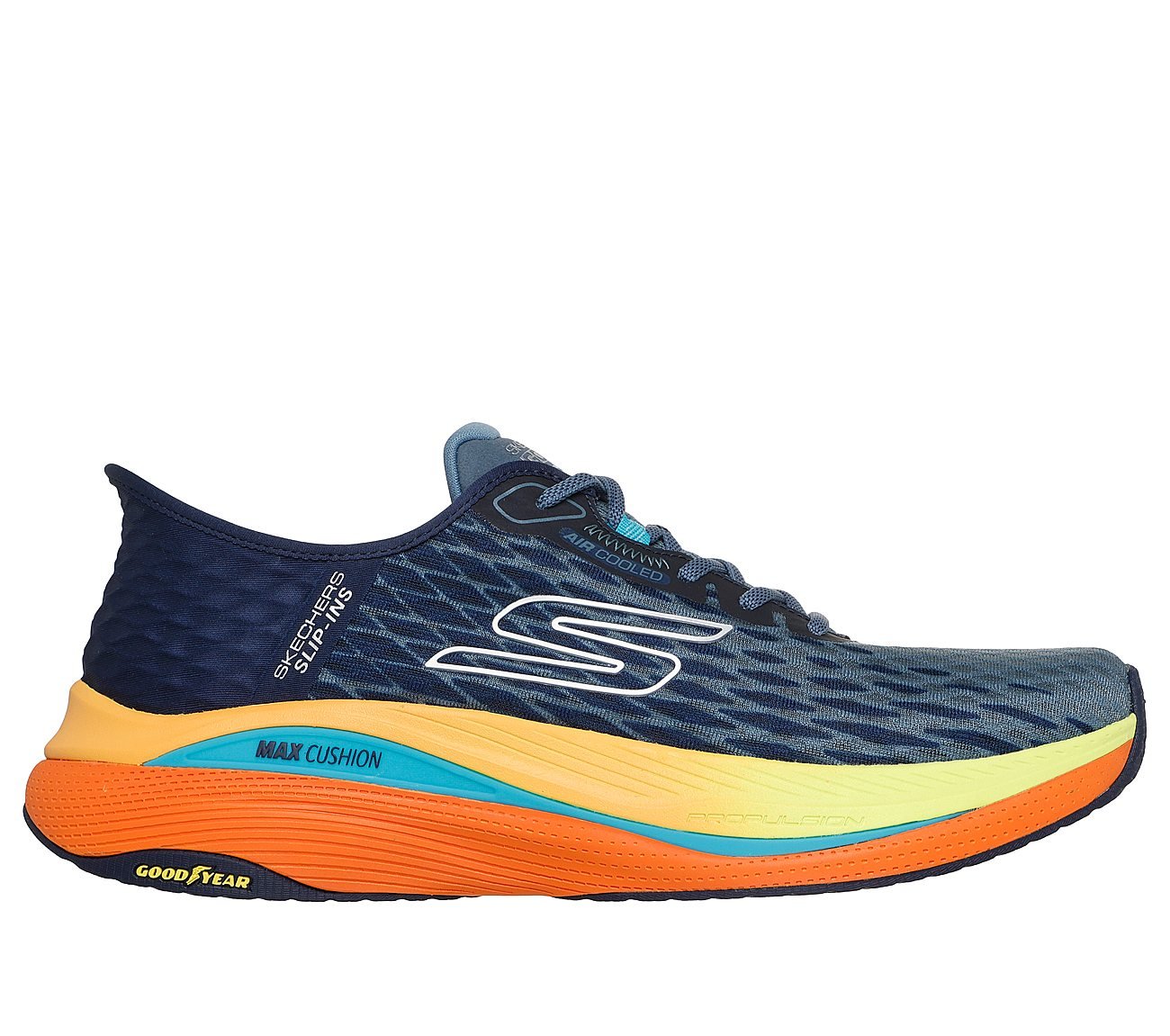MAX CUSHIONING PROPULSION - V, NVY/ORNG Footwear Lateral View