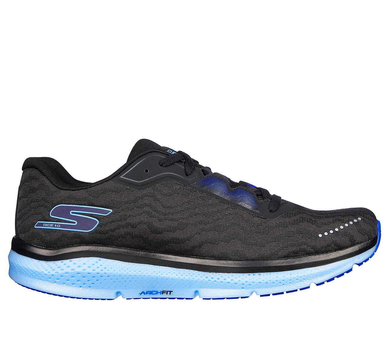 GO RUN RIDE 10, BLACK/LIGHT BLUE Footwear Lateral View