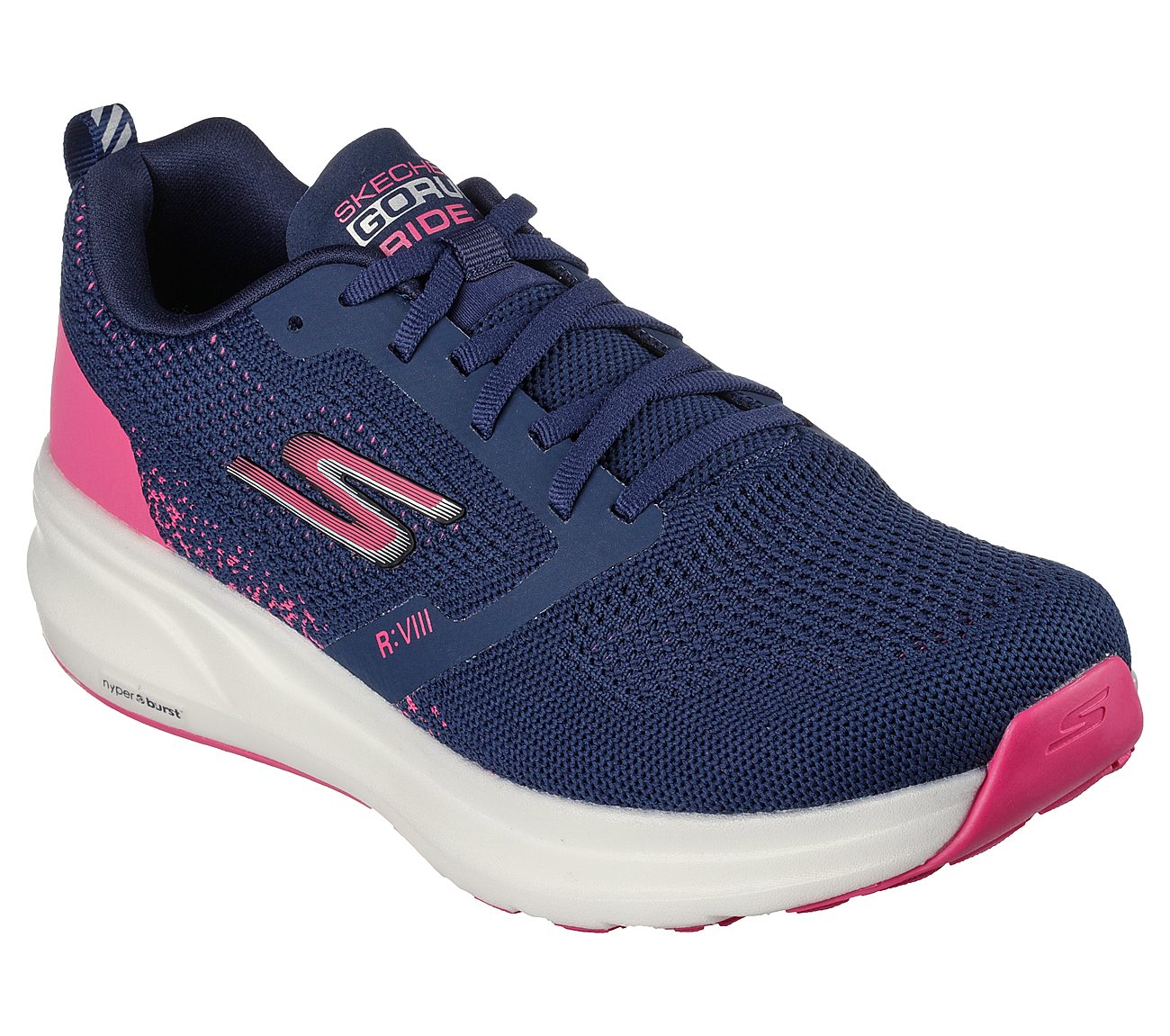 GO RUN RIDE 8, NAVY/PINK Footwear Lateral View