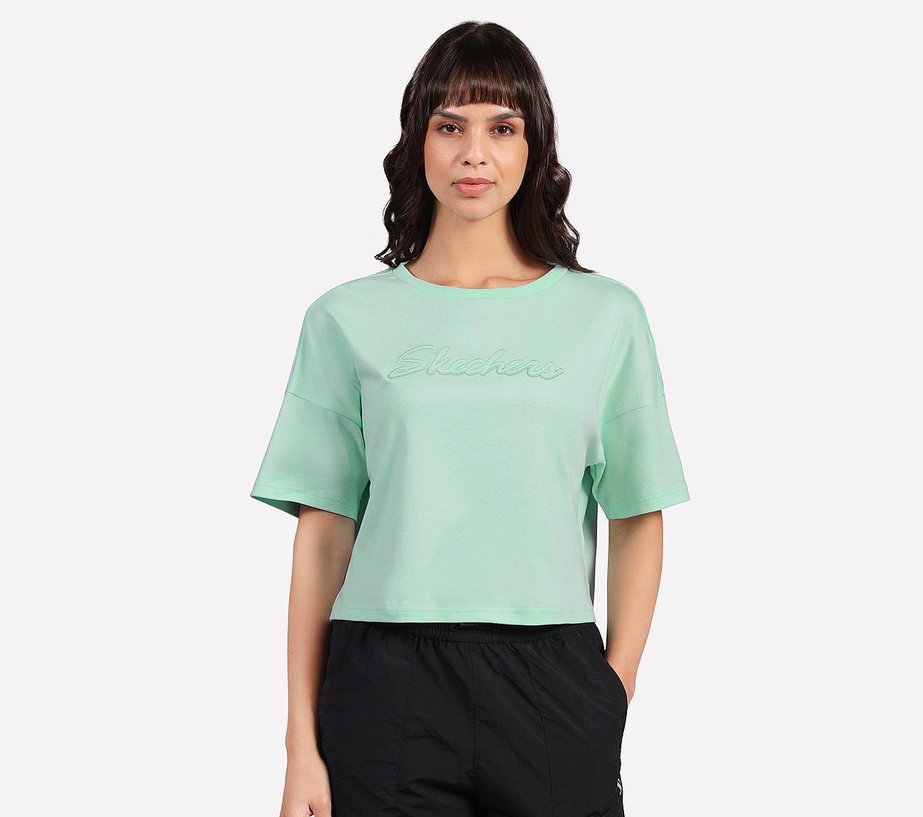 EMBROIDERED BOXY FIT T-SHIRT, AQUA/PURPLE