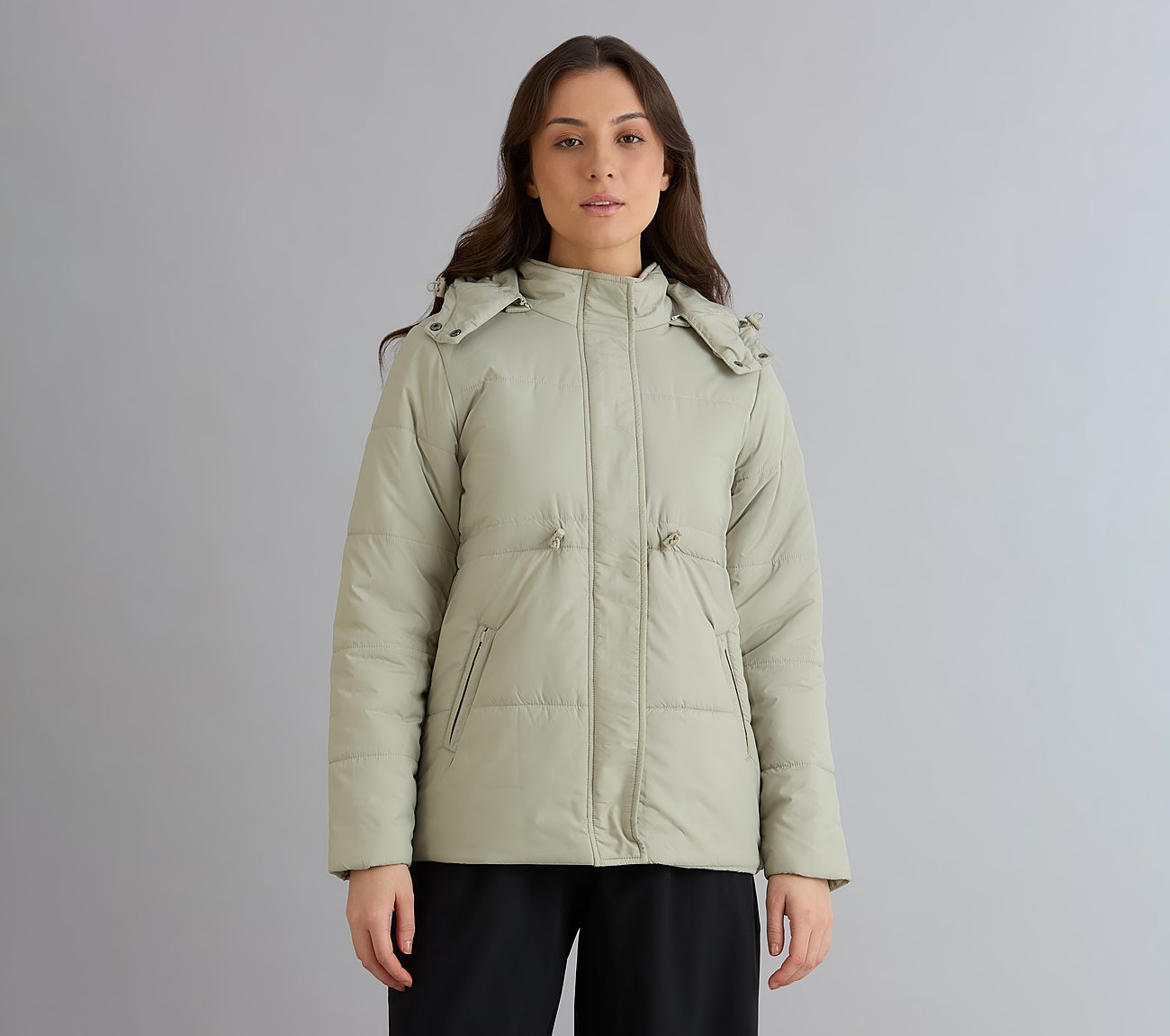 QUILTED WAIST CINCHED JACKET, YELLOW/BLUE Apparel Lateral View