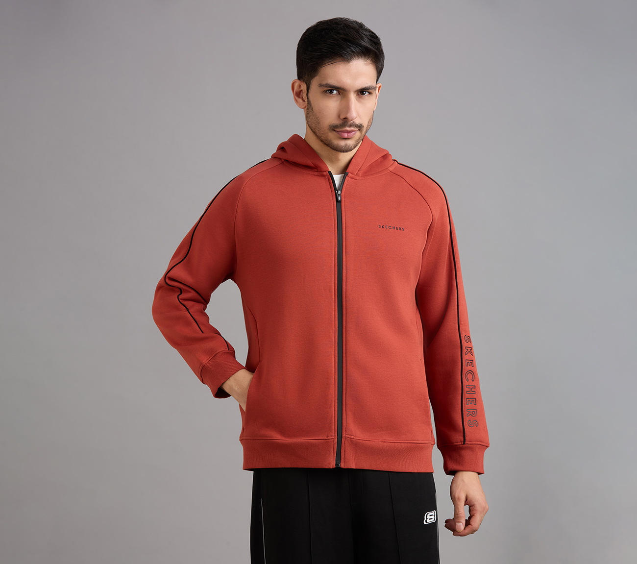 SKECHERS CORDED PANEL HOODIE, CHARCOAL/ORANGE Apparel Lateral View